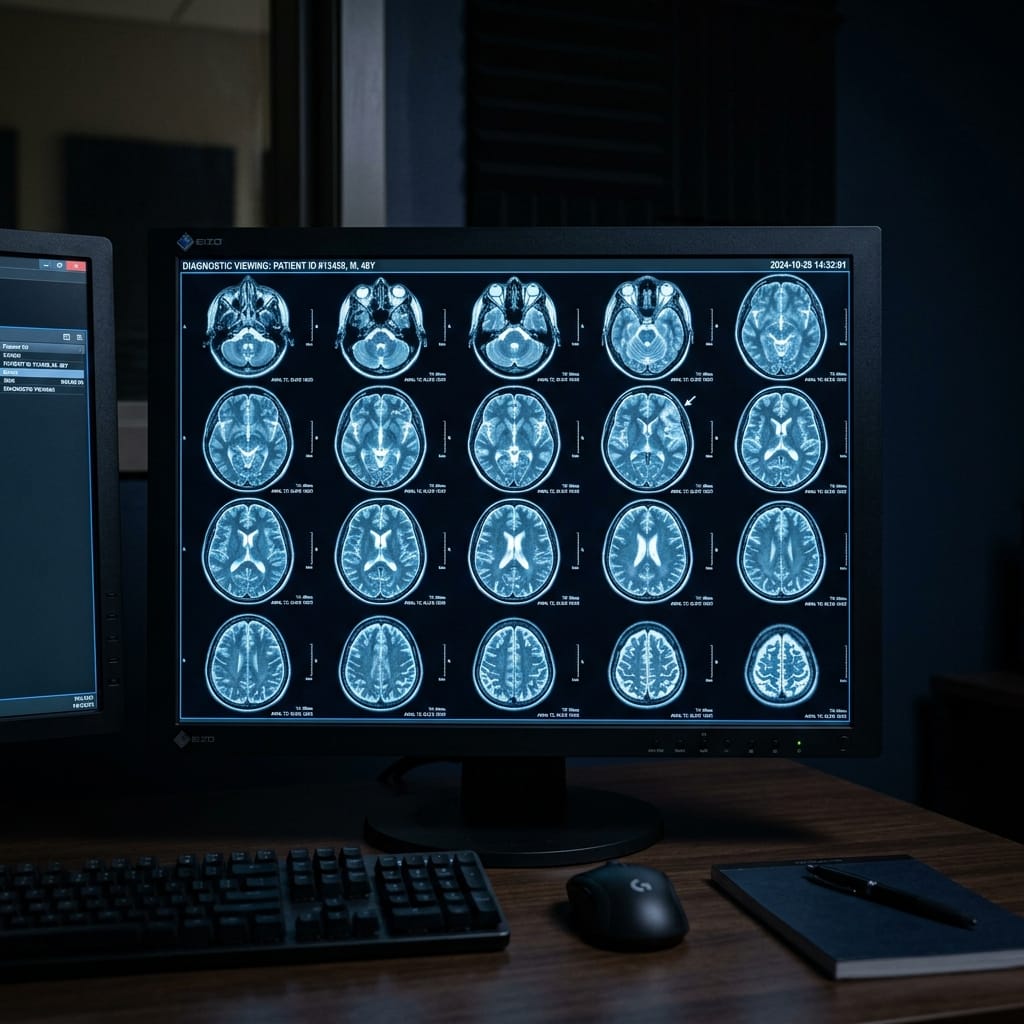 Brain MRI scan results on a diagnostic display